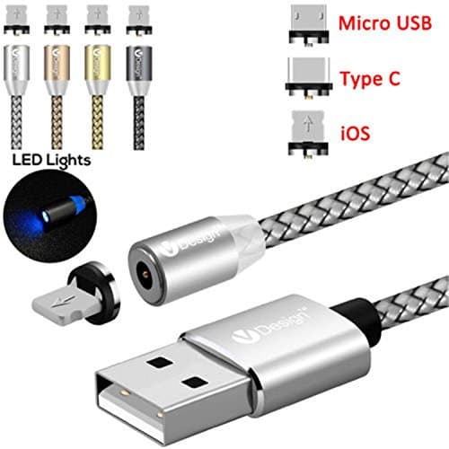 ACALI® 3.3ft 3 in 1 Round Magnet Micro USB/Type C/IOS Magnetic Charging Cable for Apple iPhone X 8 7 6 6s Plus 5 se 5s Samsung Galaxy S9 S8 S7 S6 S5 S4 LG Huawei (Silver)