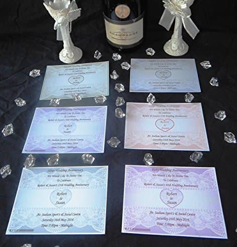 Personalised Lace Design Wedding Anniversary Invitations 25th, 30th, 35th, 40th, 45th, 50th, 55th Anniversary. Choice of 7 Different Colours. 25, 50, 75 or 100 Invitations + Envelopes