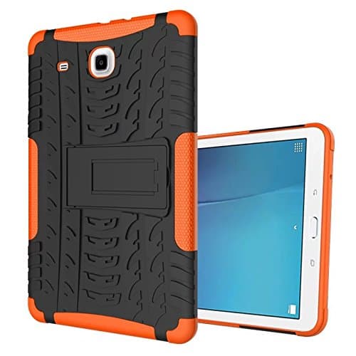 Samsung Galaxy Tab E 9.6 [not fit SM-T560NU] Case, BAUBEY Rugged Armor Tough Heavy Duty Shockproof Hard Tire Tread Rubber Case Cover Stand for Galaxy Tab E 9.6 SM-T560/SM-T561/SM-T567 (Orange)