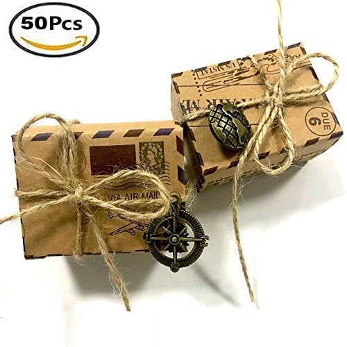 50pcs Candy Favor Boxes Vintage Kraft, Moovlife Bonbonniere + Burlap Twine + Vintage Metal Accessories, Vintage Gift Bag for Wedding Party Birthday Bridal Shower Decoration