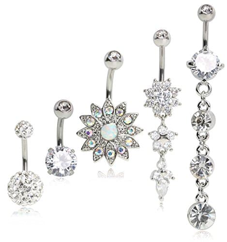 SkullParty 5PCS 14 Gauge Belly Button Rings Dangle Stainless Steel CZ Opal Belly Navel Rings Piercing for Women Girls Summer - Steel