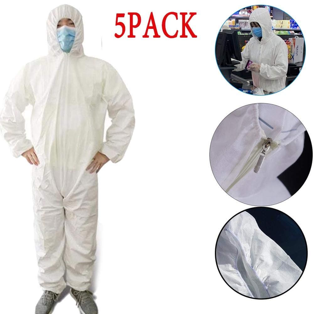 CHERRYSONG Isolation Gowns, Disposable Gowns,White Protective Gowns, Examination Gowns, Knit Cuff Non Woven, Fluid Resistant,one Size fits All(1Pack/5 Packs)