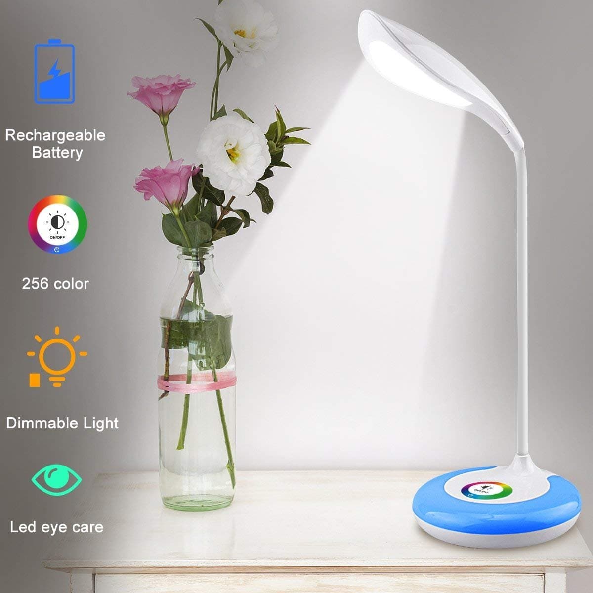 Cordless Dimmable Color LED Desk Lamp: Touch-Sensitive Control Panel, 256 Color Changing Base, 3 Adjustable Brightness Levels, Build-in 1000mAh Li-on Rechargeable Battery via Micro-USB Cable [Energy Class A+++]