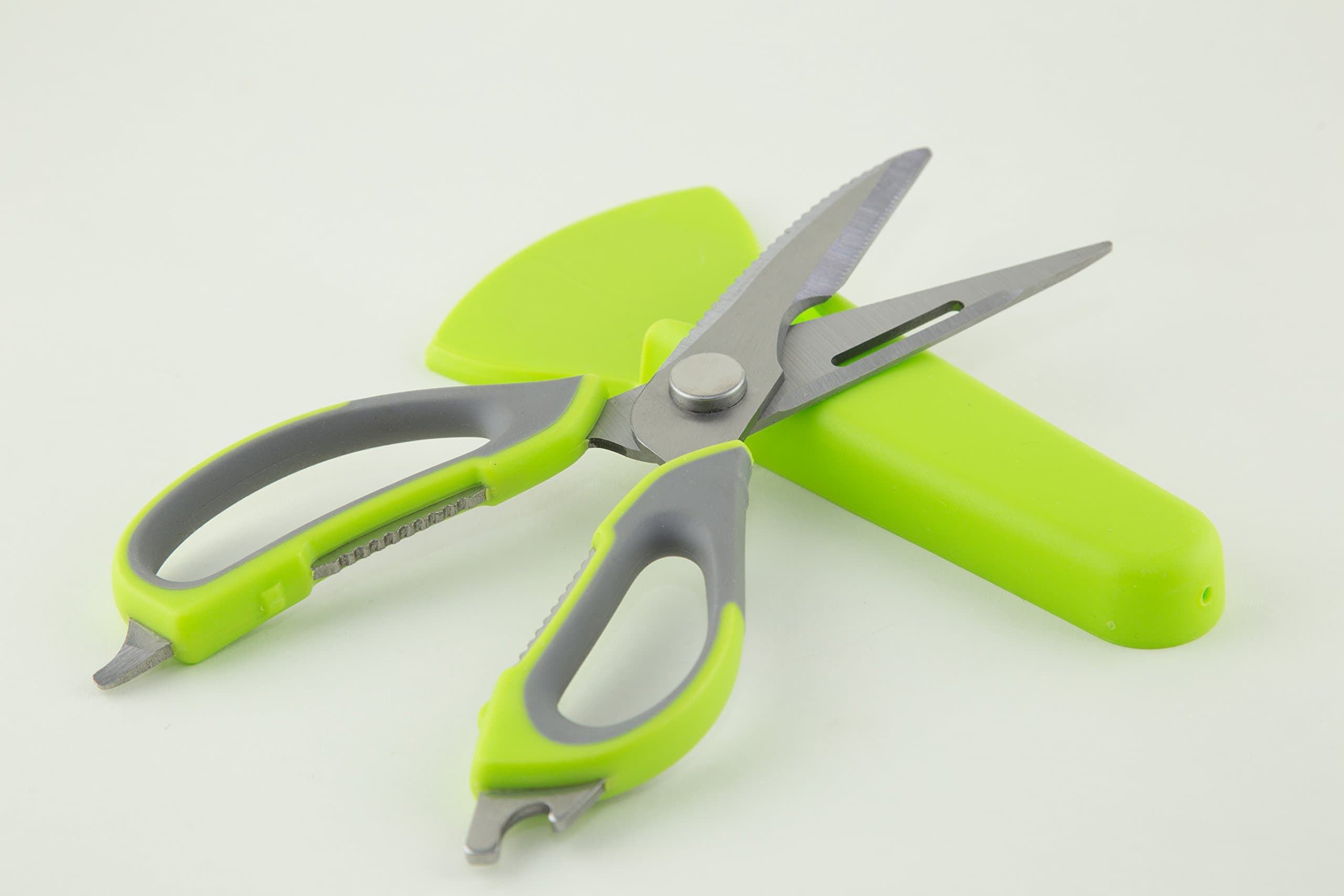 Multi-function Kitchen Shears Heavy Duty Stainless Steel with Ergonomic Handle Chef's Heavy Duty Kitchen Scissors 8-in-1 Multi-Purpose Utensils with Magnetic Holder (Light Green / Light Gray)