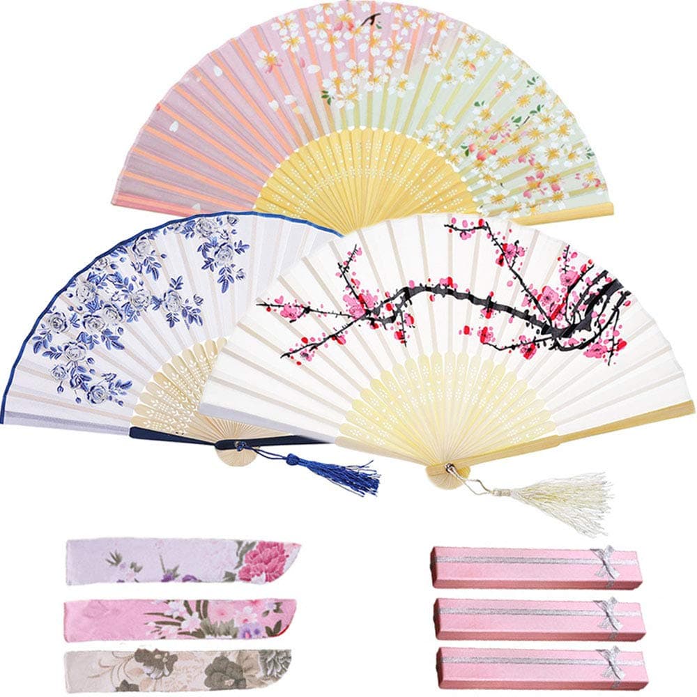 Evance Silk Folding Fans, Handheld Fans Bamboo Fans with Tassel Women's Hollowed Bamboo Hand Holding Fans for Wedding Party Props Wall Decoration (Set B)
