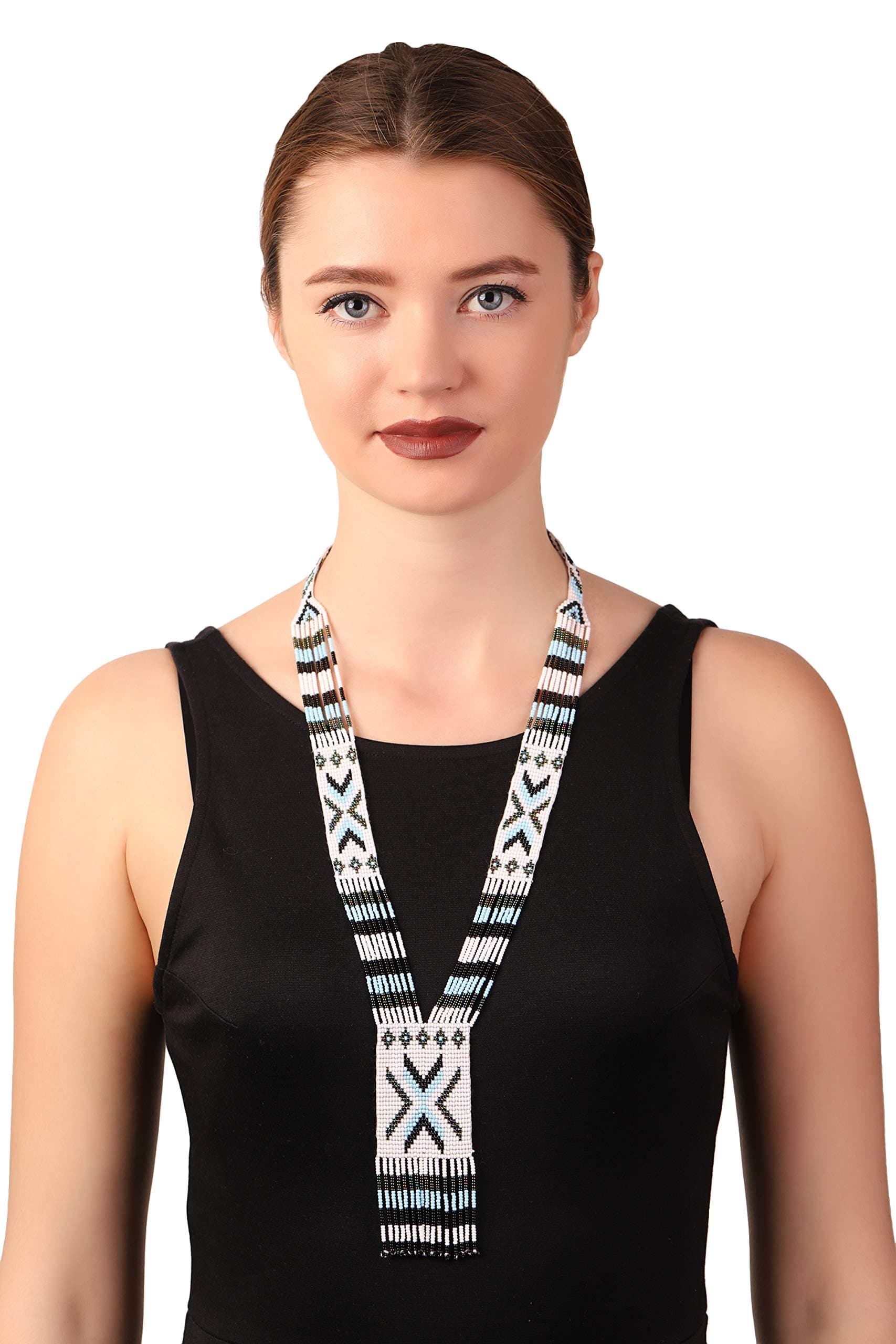 El Allure Preciosa Jablonex American Navajo Multi Colour Patterned Seed Bead Native Long Handmade Vintage Designer Unique Fashion Costume Seed Beaded Necklace for Women.