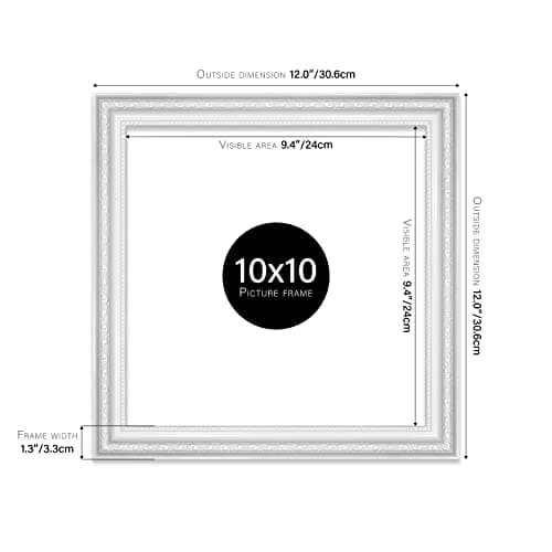 Almost Frameless 10x10 White Ornate Picture Frame 10"x10"(25.4x25.4cm) Poster, Photo, Artwork, or Print. Baroque Style Portrait and Landscape Display with Wall Hooks