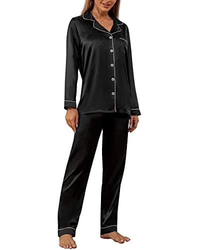 YIMANIE Womens Pajamas Silk Satin Pajama Sets for Women Soft Button Down Womens Loungewear Set with Pockets