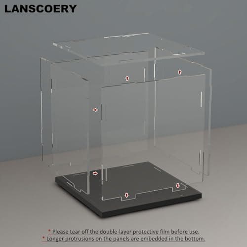 LANSCOERY Acrylic Display Case, Assemble Showcase Display Box for Collectibles, with Dustproof & Seamless Display Design, 18x14x18 inch Thick Black Base