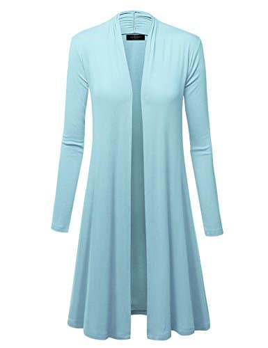 WSK1048 Womens Solid Long Sleeve Open Front Long Cardigan M Aqua