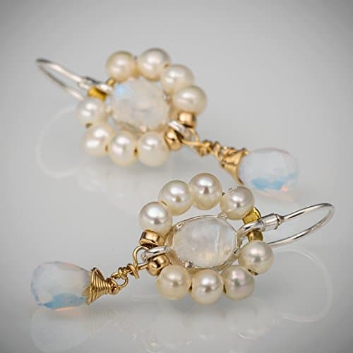 Designer Rainbow Moonstone and Pearl Dangle Earrings, Unique Flower Drop Earrings