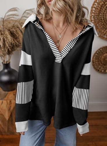 BLENCOT Women Oversized Sweatshirts Color Block Long Sleeve Loose V Neck Fall Outfits 2024 Fashion Slit Pullover