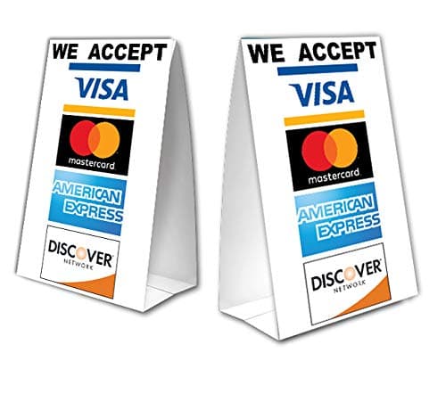 We Accept Credit Cards Table Tent with UV Coating - MasterCard, Visa, Discover, American Express - 2 Pack