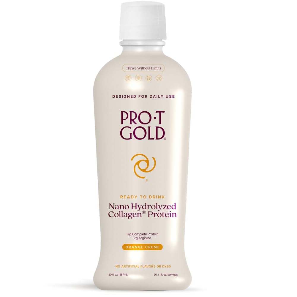 ProT Gold Liquid Collagen Protein Shot, 17g Clear Protein Nano-Hydrolyzed Grass Fed Collagen, 2g Arginine for Wound Support, Gluten Free, Sugar Free, 0g Carbs, Non GMO, Orange Creme, 30 fl oz Bottle