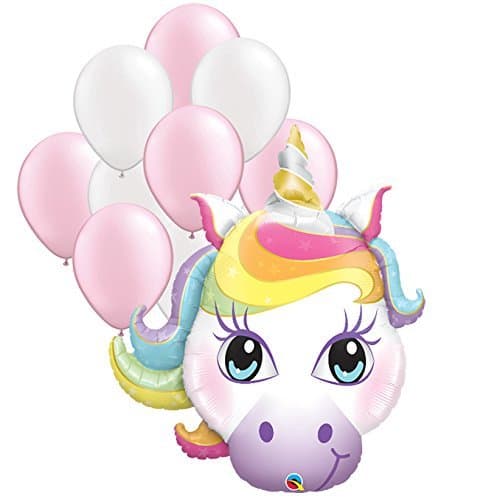 Fiesta Tribe Magical Unicorn 11"-38" Mylar Foil and Latex Unicorn Theme Party Balloons, Pink and White