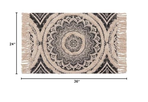 Seavish Tufted Cotton Rug, 2x3 Small Boho Black Mandala Area Rugs, Hand Woven Bohemian Accent Throw Rugs with Fringe Tassel for Bedroom Bedside Kitchen Laundry Room Door Mat