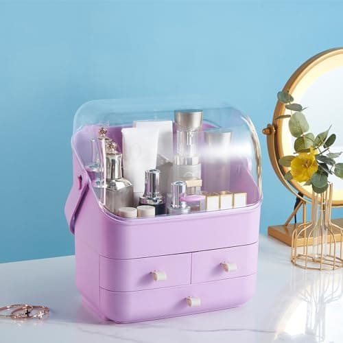 Cosmetic Storage Case Makeup Holder Organiser with Lid Purple Beauty Essential Box Dust Free Waterproof Cover Portable Handle Fully Open Drawers Bathroom Countertop Bedroom Dresser
