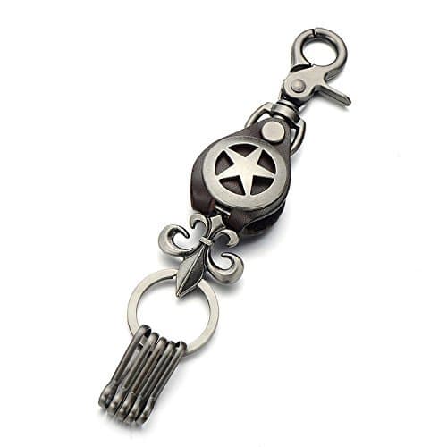 (TM) Mens Elegant Star Cool Styling Fleur De Lis Antique Design Genuine Leather Keychain Waist Key Holder Key Fob Key Chain Holder (Brown)