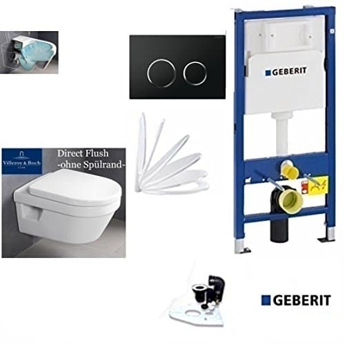 Geberit Duofix Basic UP 320 Framework with Sigma 20 Black V & B Architectura Toilet Direktf Lush Flush Rimless, washdown toilet, Includes Seat, Ceramicplus