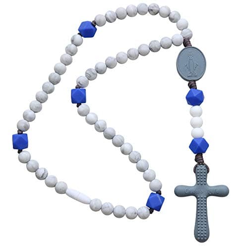 Chews Life - Teething Rosary Beads - Baptism Gift & Mass Toy for Catholic Girls & Boys, Handmade, Silicone Beads & Organic Cotton Cord - CPSIA Certified Safe - Marble and Blue Rosary