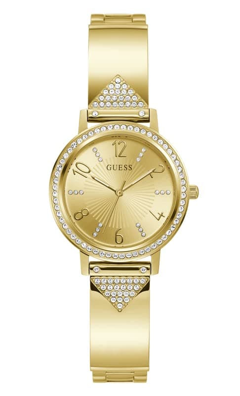 GUESSStainless Steel Tri Luxe Collection Analog Gold Dial Women Watch-Gw0474L2, Gold Band