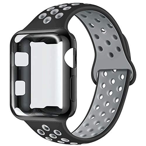 ADWLOF Compatible with Apple Watch Band with Case 38mm, Silicone Replacement Strap with Screen Protector Cover for Wristband for iWatch Series 3/2/1, Nike+, Sport, Edition,S/M,M/L,Black CoolGray