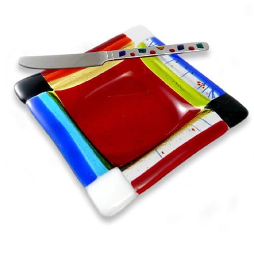 American Made Red Jubilee Fused Glass Cheese Bowl, 5.75" with Cheese Spreader