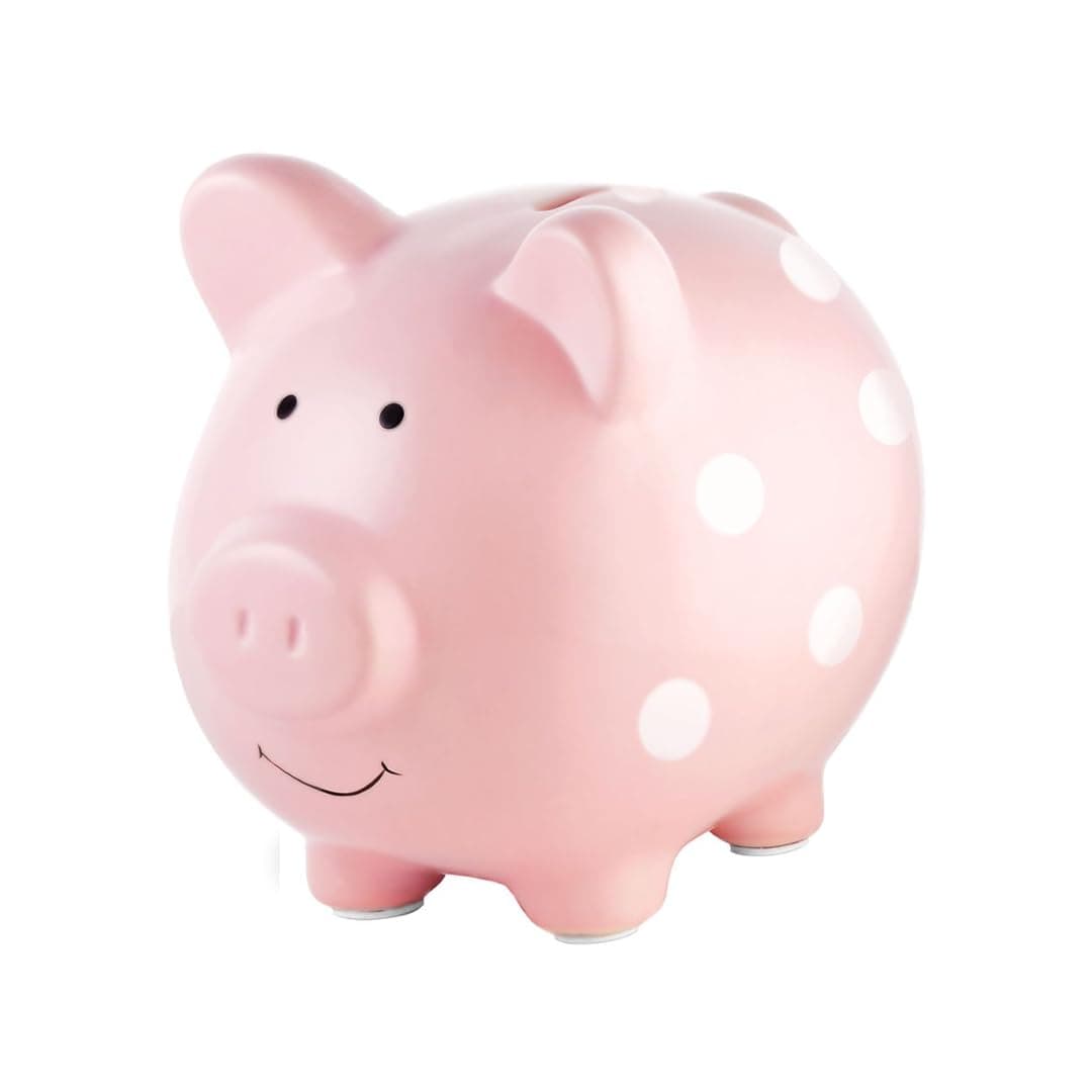 Pearhead Large Piggy Bank, Ceramic Keepsake Nursery Décor, Pink Polkadot, One Size