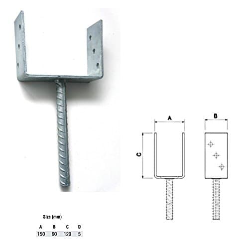 Galvanised U Type Post Fence Foot Anchors 150 x 60 x 120 x 5 mm Pack of 001