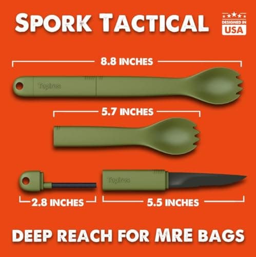 Tapirus Spork Tactical Green | BPA Free Spoon Fork, Stainless Steel Knife and Fire Starter | 3 in 1 Multipurpose Utensil | Outdoor Hiking, Camping & Backpacking Gear | Fit for MRE