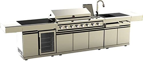 Modular 3 Piece Island Electric/Propane or Natural Gas BBQ Outdoor Stainless Steel Grill Kitchen, with Single Refrigerator, Sink, Rotisserie, Black Marble Top and Canvas Cover