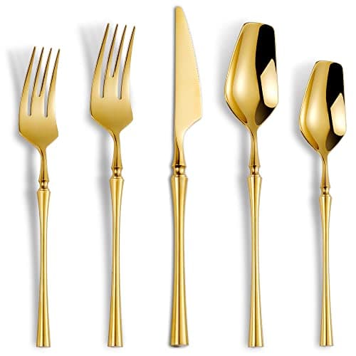 Lemeya 20-Piece Gold Silverware Set for 4,Modern 18/10 Stainless Steel Flatware Set,Unique Rustic Cutlery Utensils Set,Spoon and Fork Set for Home, Restaurant,Wedding,Mirror Polished,Dishwasher Safe