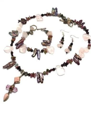 Jewelry Set - Rhodocrosite, Argantina Kunzite Crystal & Garnet Pendant W/Pink Quartz Nugget Necklace, Bracelet & Earrings # 168