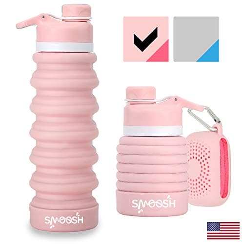 SMOOSH 2-in-1 Collapsible Silicone Travel Water Bottle & Microfiber Cooling Towel - BPA Free, Large 25oz Food Grade Silicone Bottle - The Ultimate Lightweight Portable Combo (Light Pink)