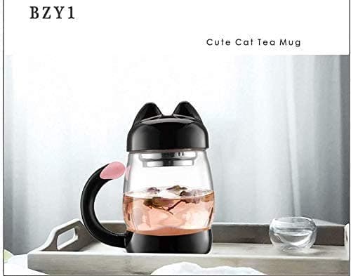 Cute Cat Glass Tea Mug / Cup With Removable Strainer / Infuser and Lid - for use with any Beverage - Holds 14 oz
