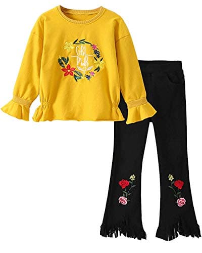 Baby Girls Toddler Kids Rose Sweatshirt Leggings Pants 2PCS Outfits Set(Rose B Yellow Flowers,130)