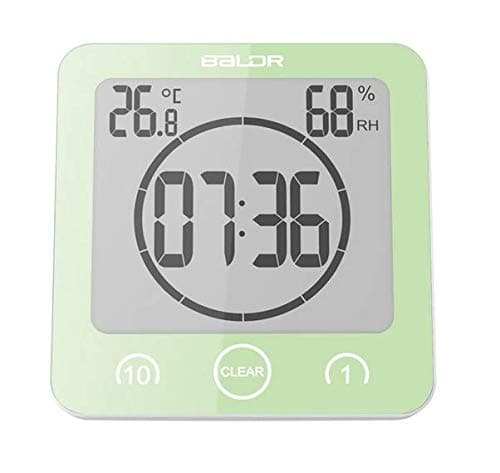 BALDR Digital Bathroom Shower Wall Clock Timer with Alarm, Waterproof for Water Spray, Touch Screen Timer, Temperature Humidity Display with Suction Cup Hanging Hole (Green)