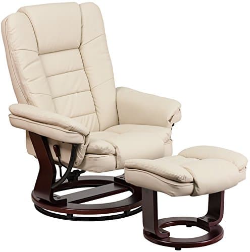 Judek Contemporary Leather Recliner/Ottoman with Swiveling Mahogany Wood Base (Beige)