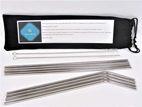 INVENTORY CLOSEOUT - Stainless Steel Straws by HomeBuds | Set of 8 | Ultra-Long 10.5 inch Metal Drinking Straws for Tumblers up to 32 oz. (4 Curved| 4 Straight| 2 Free Cleaning Brushes)