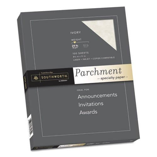 Products,Southworth,Fine Parchment Paper, 24 lbs., 8-1/2x11, Ivory, 100/Pack,Sold As 1 Pack, inkjet and copier guaranteed.,Watermarked and date coded.