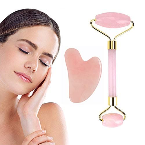 JEOXI 2 in 1 Quality Jade Roller for face and Gua Sha Scraping Massage Tool Set Skin Care, Anti Aging 100% Natural Rose Quartz Facial Roller Slimming SPA Massage, Brand Box Included