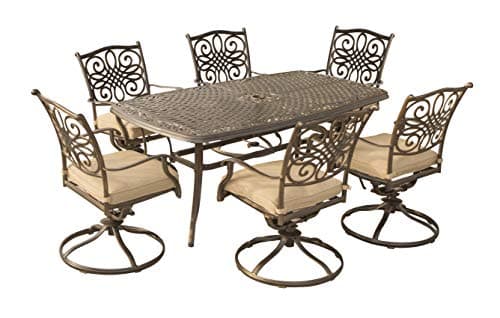 Hanover Traditions 7-Piece Patio Dining Set with 6 Swivel Rocker Chairs, Tan Cushions and Large 38"x72" Dining Table, Outdoor Dining Set for 6, Premium Weather Resistant Patio Furniture