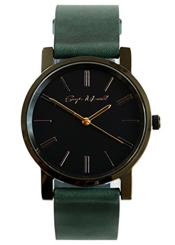 Sergio Montell Men's Dark Green Leather Strap Watch - Black Tone Black Face - Simple and Minimalist Unisex Watch, Mens and Womens Leather Watch