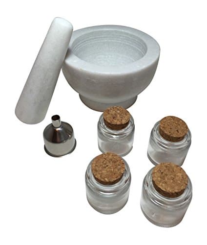 Mortar And Pestle With Four Spice Jars and Funnel Gift Set (Stone White)