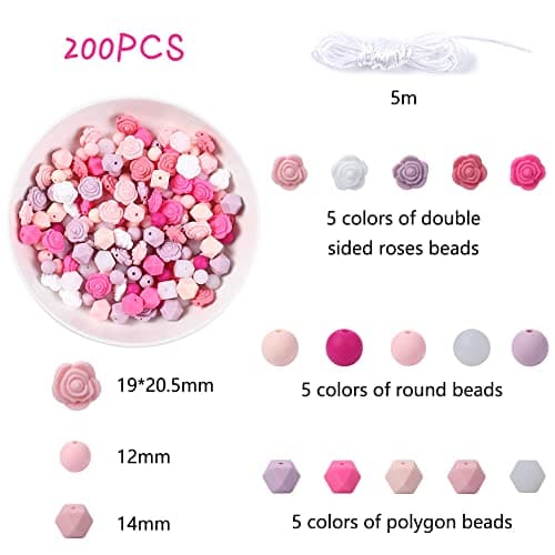 200pcs DIY Silicone Beads for Keychain Making Kit Pink Suit with 5M Rope Necklace Bracelet Jewelry Silicone Accessories Include 100Pcs Round 12mm Silicone Beads and 100Pcs Polygonal and Rose Beads