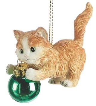Orange Tabby Kitten Playing with Green Ornament Cat Christmas Tree Ornament