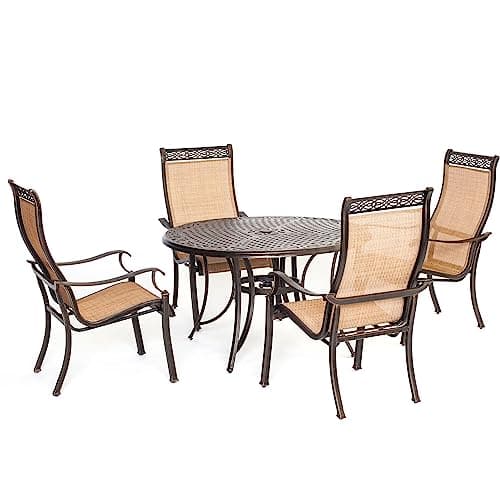 Hanover Manor 5-Piece Outdoor Dining Set with 4 PVC Sling Dining Chairs and Aluminum 48" Round Dining Table, Rust-Resistant Aluminum, All-Weather Patio Dining Set for 4