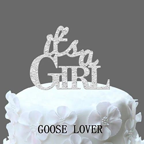 GOOSE LOVER(TM) it's-a-girl Cake Topper Baby Shower Cake Topper Cute Cake Toper Funny Cake Decor Glitter Silver