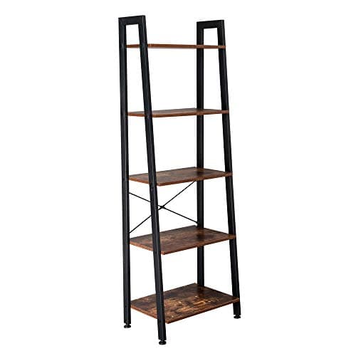 SUTON 5 Tiers Industrial Ladder Shelf, Vintage Bookshelf, Storage Rack Shelf for Office, Bathroom, Living Room Storage for Books Toys Bookshelf Brown Standing Shelf Units