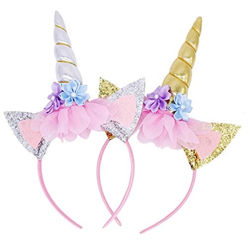 Vanteriam Unicorn Headband, 2 Pack Gold and Silver Glitter Ears with Flowers Unicorn Headbands for Party Decoration or Cosplay Costume